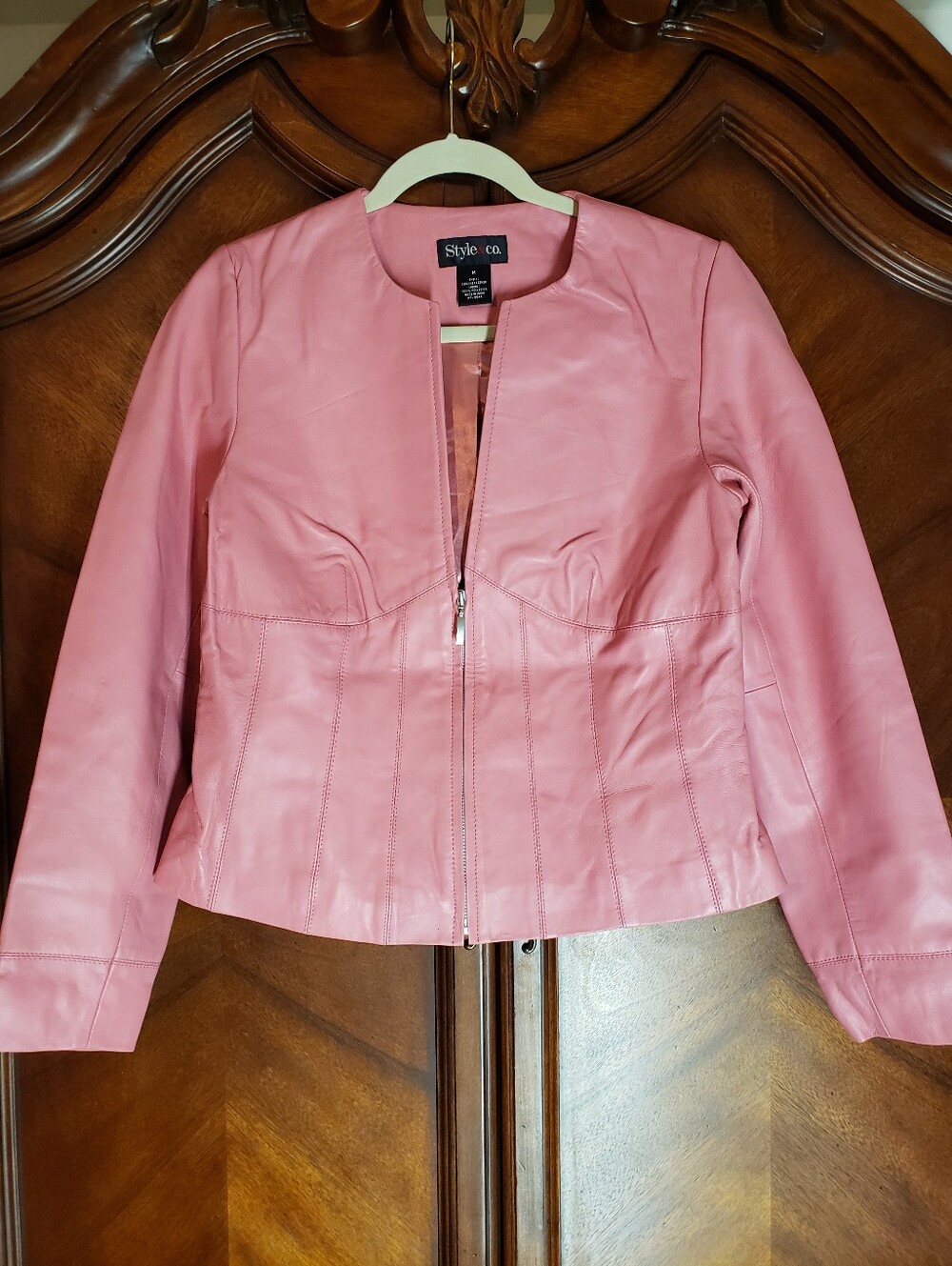 Vintage Style & Co. Pink Genuine Leather Collarless Zip-Up Jacket